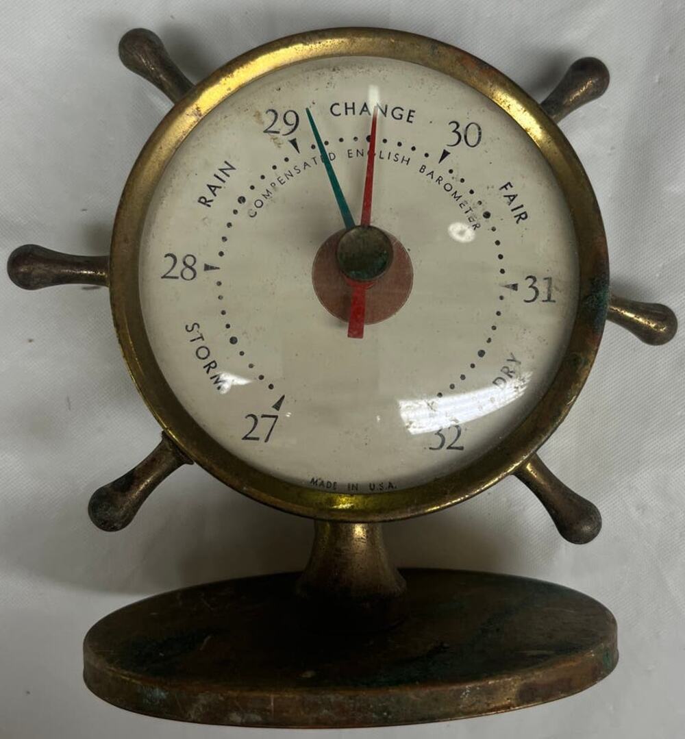 Vintage Brass Ship Wheel Desktop Compensated English Barometer USA Parts